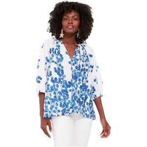Ro's Garden Tuckernuck Leaf Blue Marcia Top‎ Blouse 100% Cotton